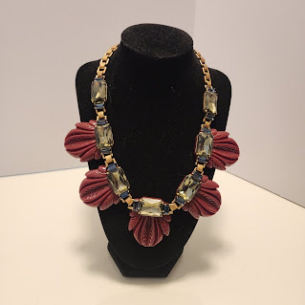 J.Crew Maroon Fanned Leaf Statement Necklace